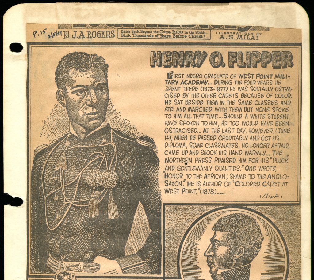 Aged news clipping pasted on paper featuring an illustrated portrait of Henry O. Flipper in uniform alongside text about him