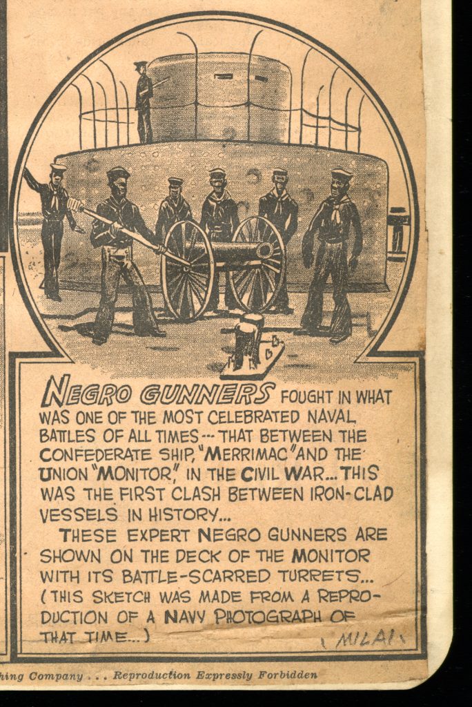 Aged news clipping pasted on paper featuring an illustration of five Black sailors around a cannon alongside text about Negro gunners.