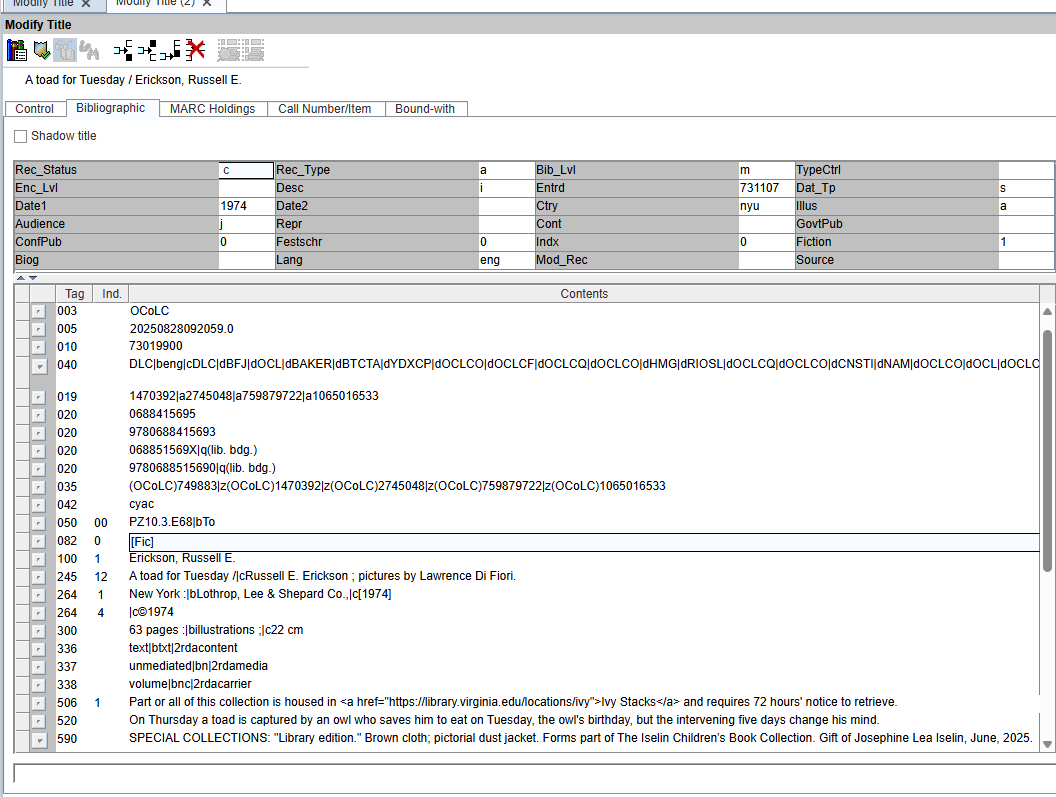 Screen shot of the bibliographic record for, "A Toad for Tuesday."
