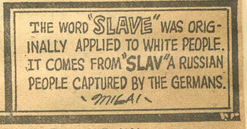Aged news clipping pasted on paper with text about the word 'Slave'