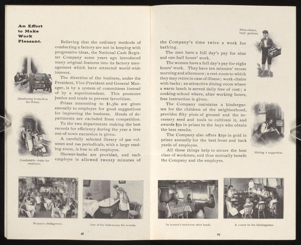 A scanned two‑page spread from a historical industrial publication displayed against a dark background. The left page is titled “An Effort to Make Work Pleasant” and contains dense serif text describing factory management practices, alongside small illustrations and photographs. The right page continues the text and includes a small illustration of a worker labeled “Making a suggestion.” Along the bottom of both pages are several black‑and‑white photographs with captions showing workplace scenes such as a dining room, a restroom area, an interior work space, and a corner of a kindergarten. The pages are cream-colored with visible aging and feature a structured, magazine‑style layout with text blocks and images.