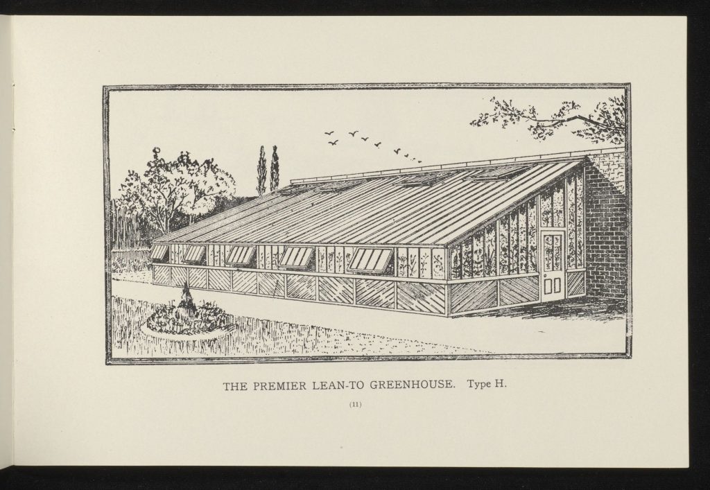 A black-and-white line illustration of a lean‑to greenhouse mounted against a dark border. The structure is long and rectangular with a slanted glass roof supported by wooden framing, attached along one side to a brick wall. Multiple hinged window panels line up the lower portion of the greenhouse for ventilation. The scene includes surrounding trees, grass, and a small central garden feature in the foreground. Beneath the illustration, printed text reads: “The Premier Lean‑to Greenhouse. Type H.”