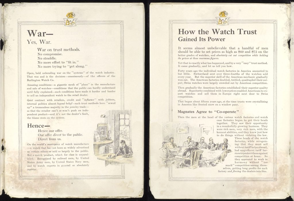 Two facing pages of a historical printed pamphlet displayed side by side on a dark background. The left page is titled “War—Yes, War” and contains dense black serif text arranged in poetic, manifesto-like lines, with a small illustration of buildings near the bottom. The right page is titled “How the Watch Trust Gained Its Power” and features a long block of explanatory text describing monopoly practices, accompanied by a small cartoon illustration near the lower section showing several figures seated around a table. Both pages have ornate borders, visible aging, yellowed paper, and worn edges, suggesting early twentieth-century printing.