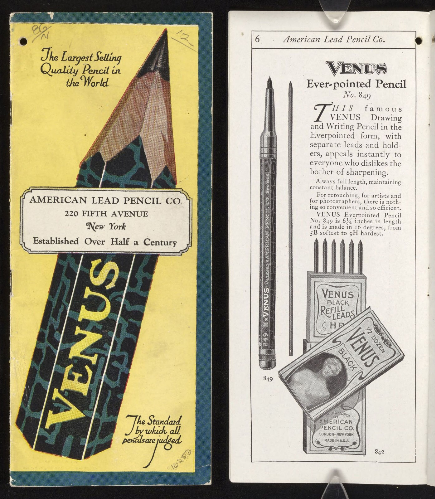 Pencils:
Two vintage advertising pages displayed side by side against a dark background. The left page shows a colorful vertical design dominated by a large, illustrated pencil labeled “VENUS” in bold letters, set on a yellow and teal background. Surrounding text reads “The Largest Selling Quality Pencil in the World” and identifies the American Lead Pencil Company at 220 Fifth Avenue, New York, noting it was established over half a century earlier. The right page is printed in black and white and features the heading “Venus Ever-pointed Pencil.” It includes dense serif text describing the pencil’s features, a detailed illustration of the pencil, and smaller images of replacement lead boxes labeled “Venus Black Refill Leads.” The pages show signs of age, including slight discoloration and wear along the edges.